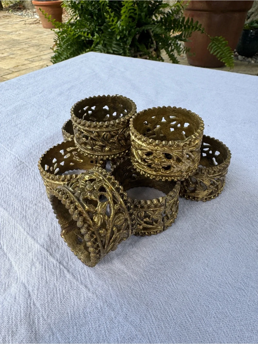Vintage Gold Tone Filigree Napkin Rings Set of 8 Floral Scroll Metal